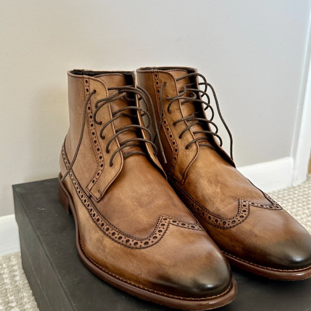 Johnston and Murphy Cartwright Wingtip Boot Size 10.5 Brown Italian Calfskin - Picture 2 of 6